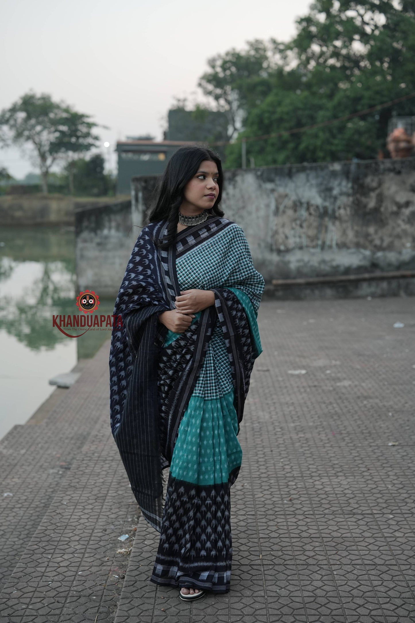 Teal & Black Tree Pattern Cotton Saree For Women