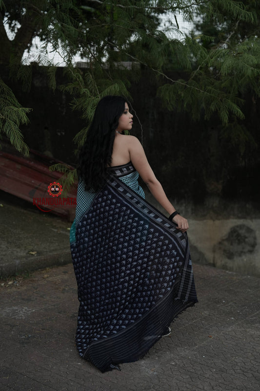 Teal & Black Tree Pattern Cotton Saree For Women