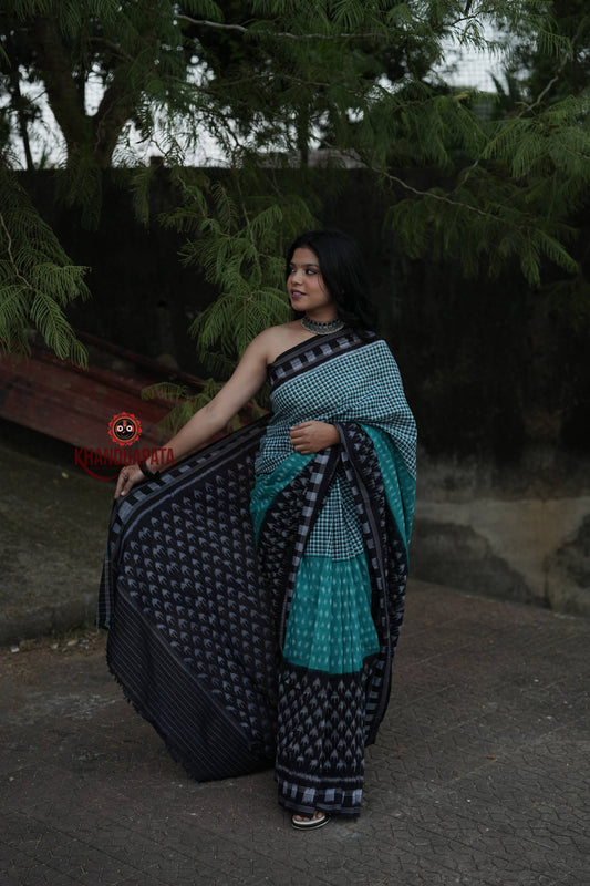 Teal & Black Tree Pattern Cotton Saree For Women