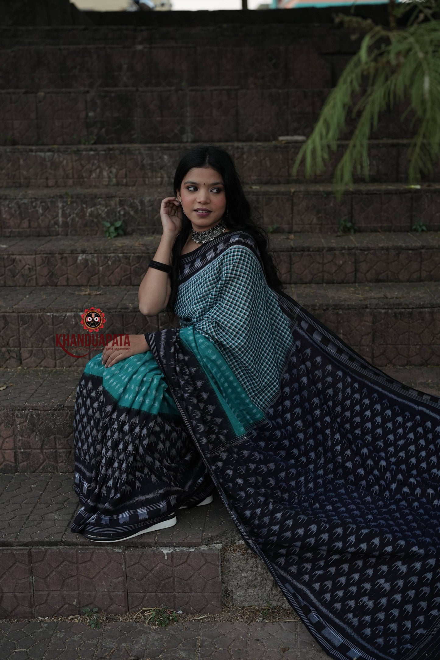 Teal & Black Tree Pattern Cotton Saree For Women