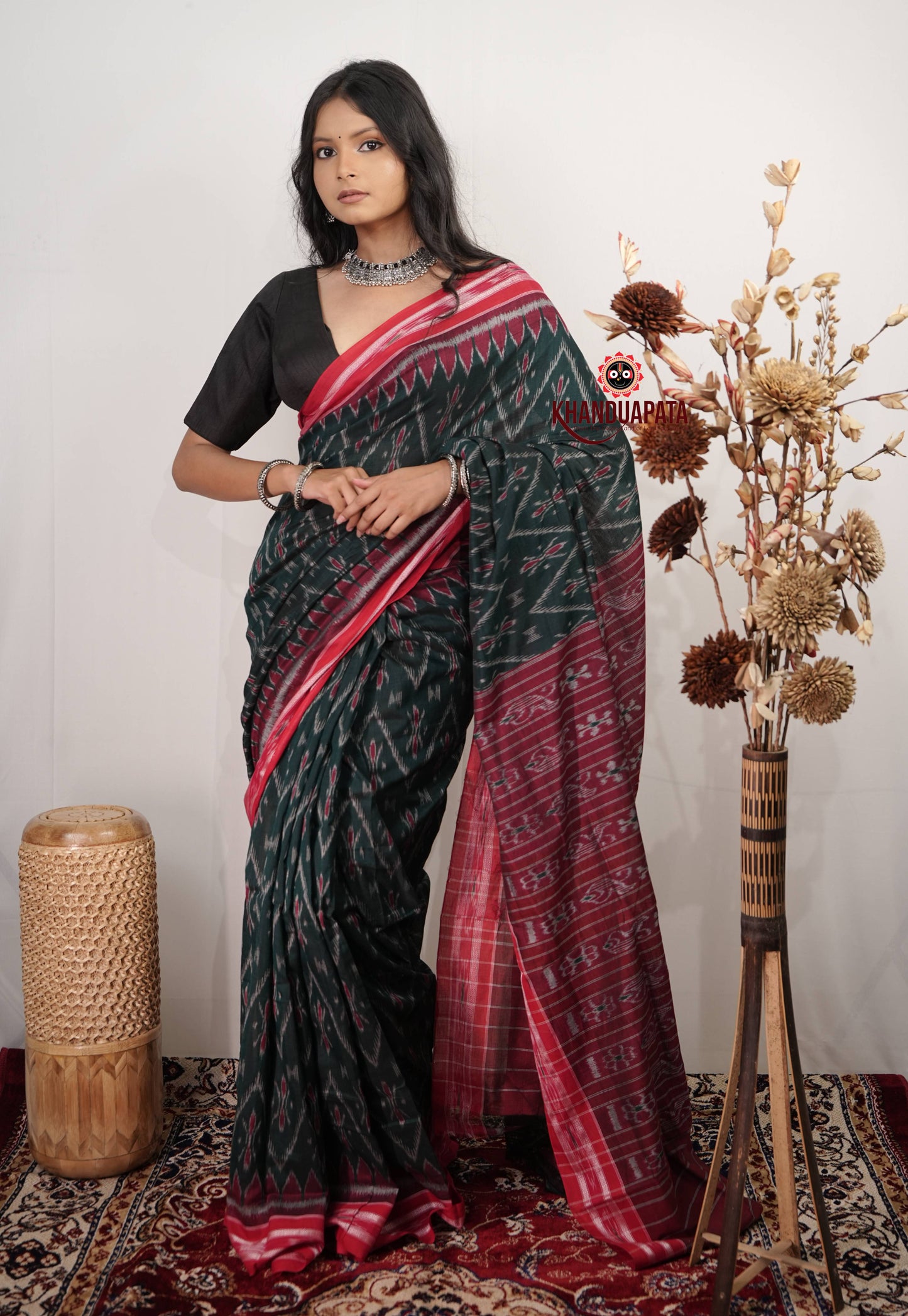 Green & Red Flower Design Cotton Saree For Women
