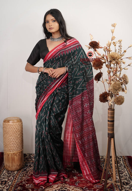 Green & Red Flower Design Cotton Saree For Women