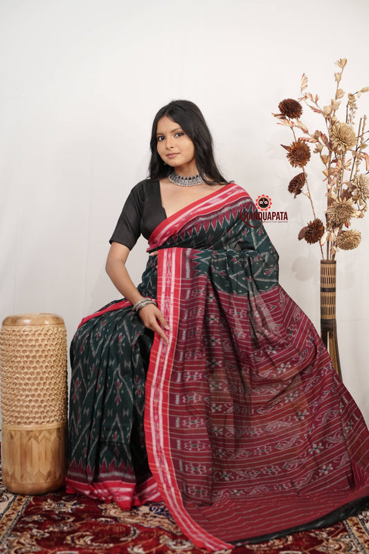 Green & Red Flower Design Cotton Saree For Women