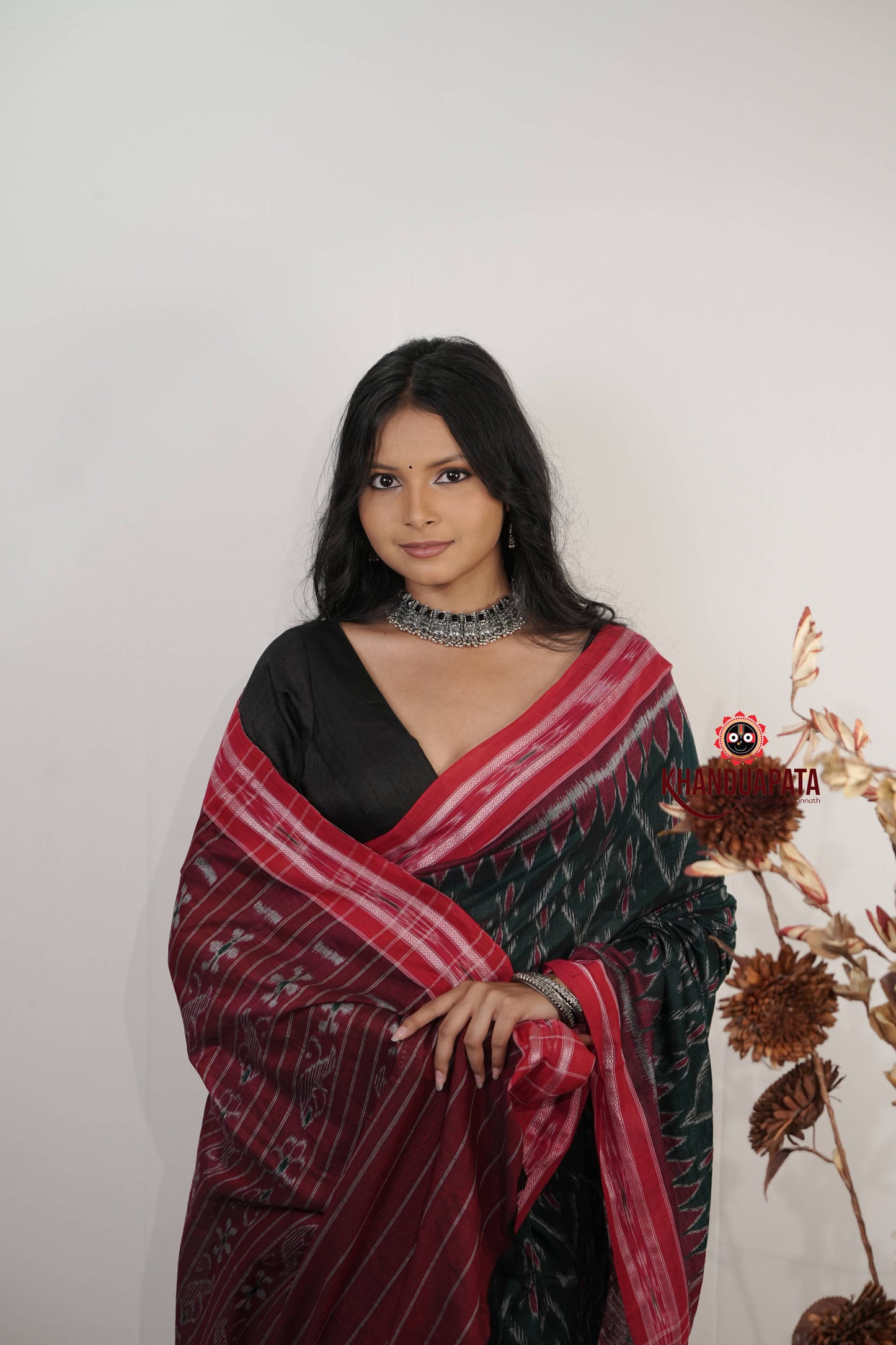 Green & Red Flower Design Cotton Saree For Women