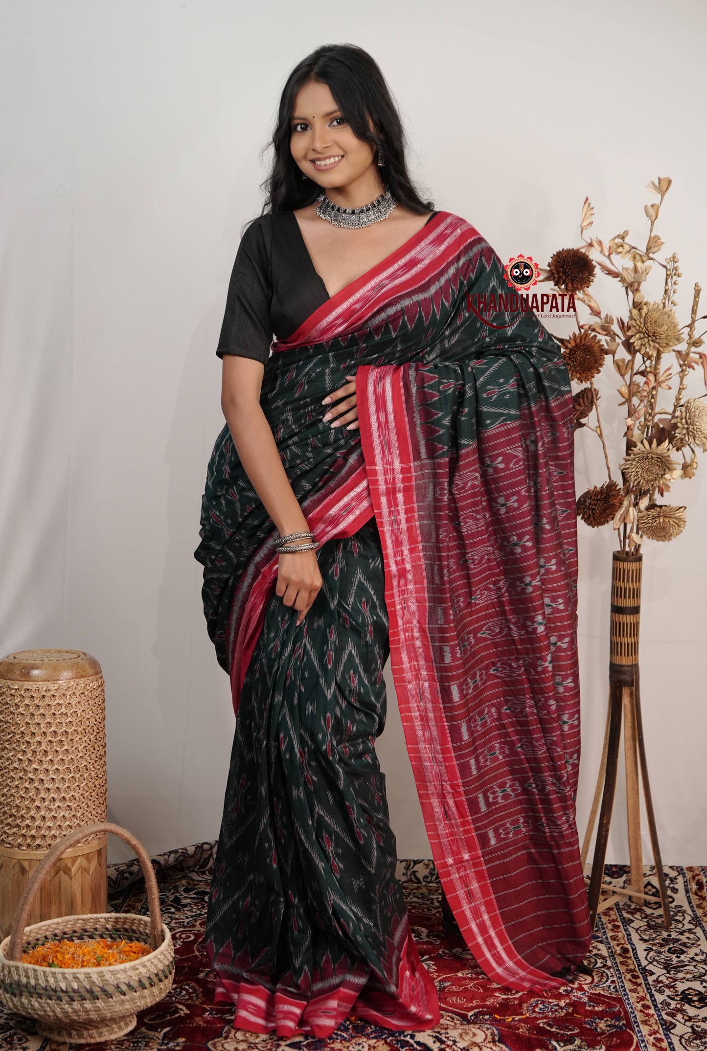 Green & Red Flower Design Cotton Saree For Women