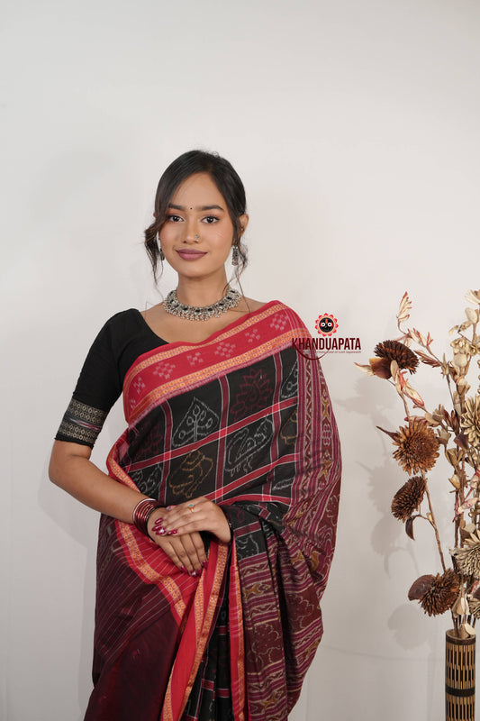 Black & Red Navakothi Design Cotton Saree For Women