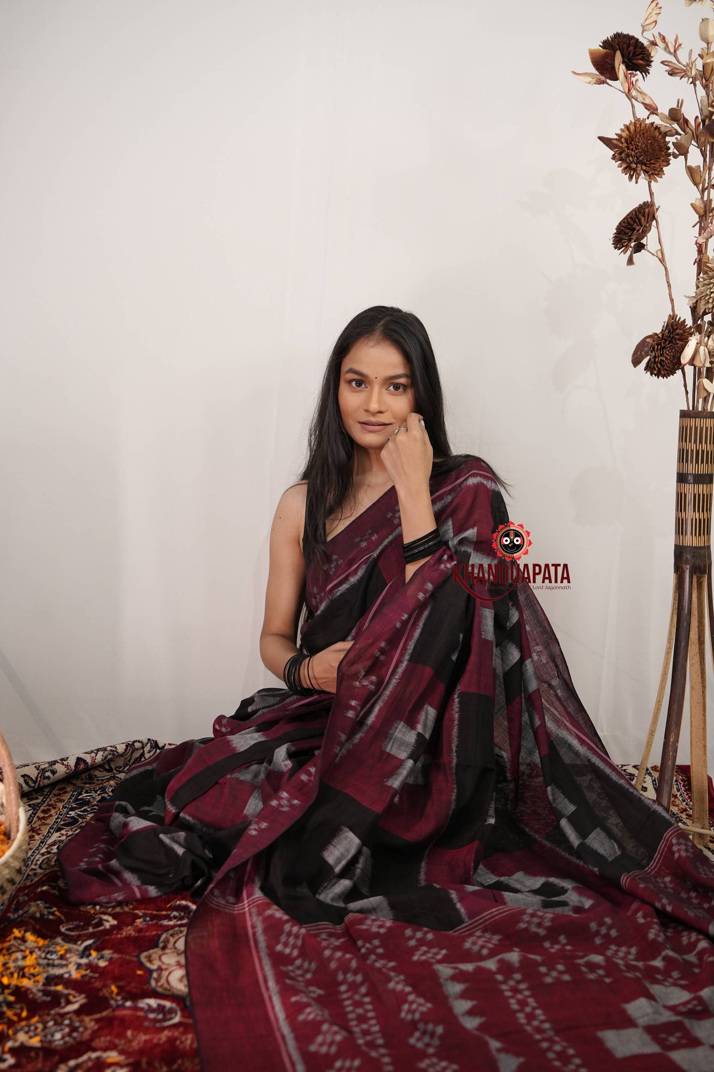 Black & Maroon Plus Design Cotton Saree For Women
