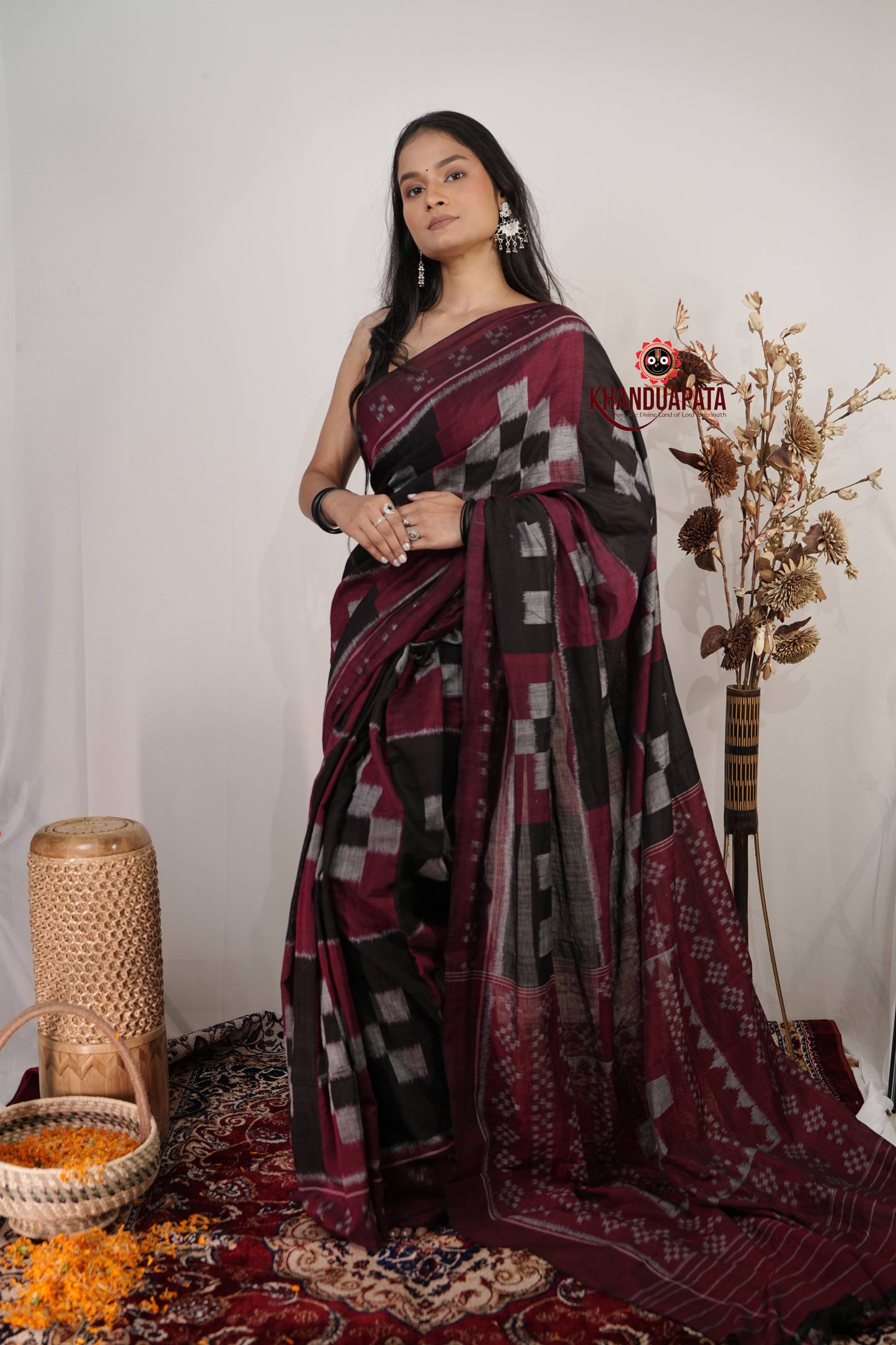 Black & Maroon Plus Design Cotton Saree For Women