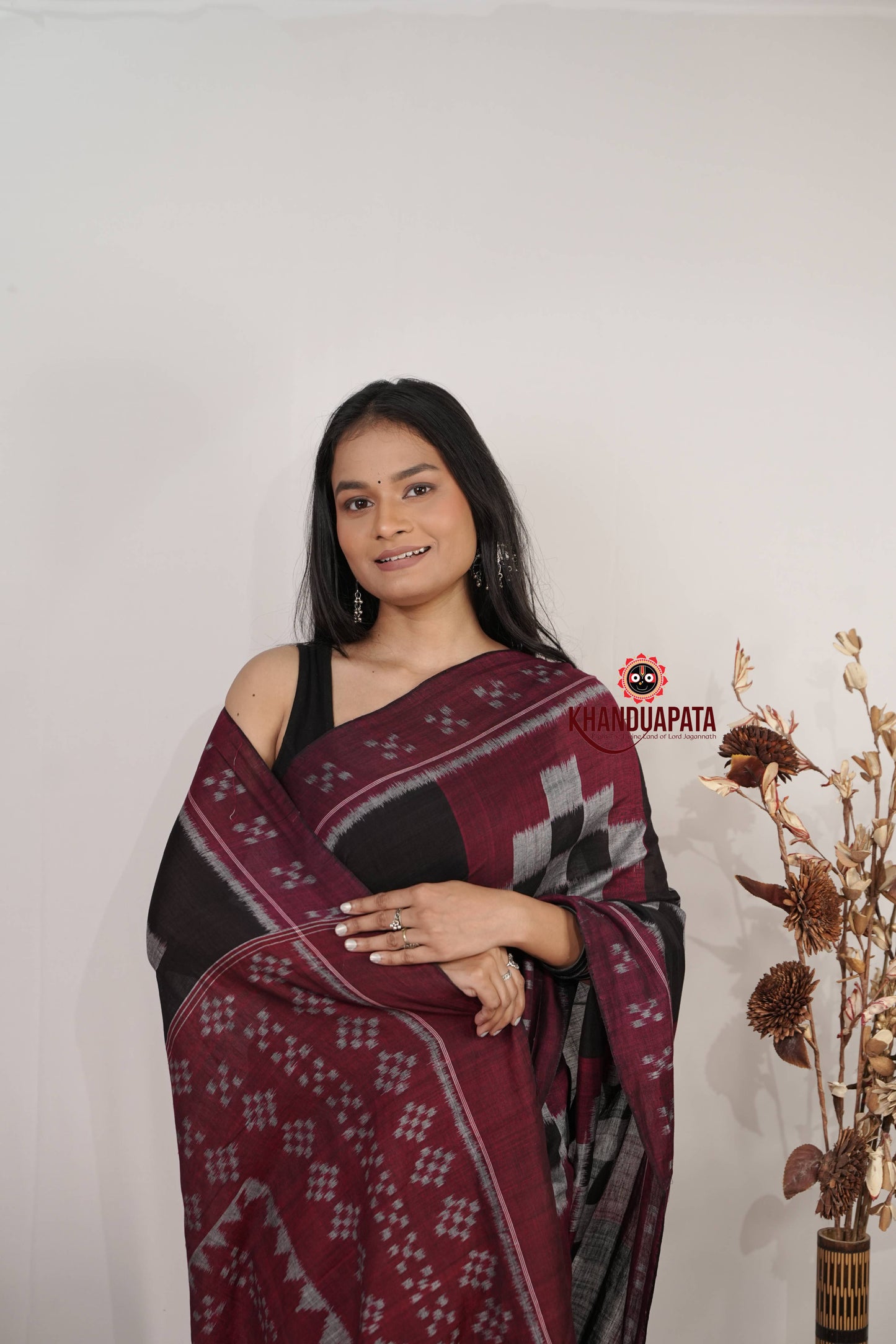 Black & Maroon Plus Design Cotton Saree For Women