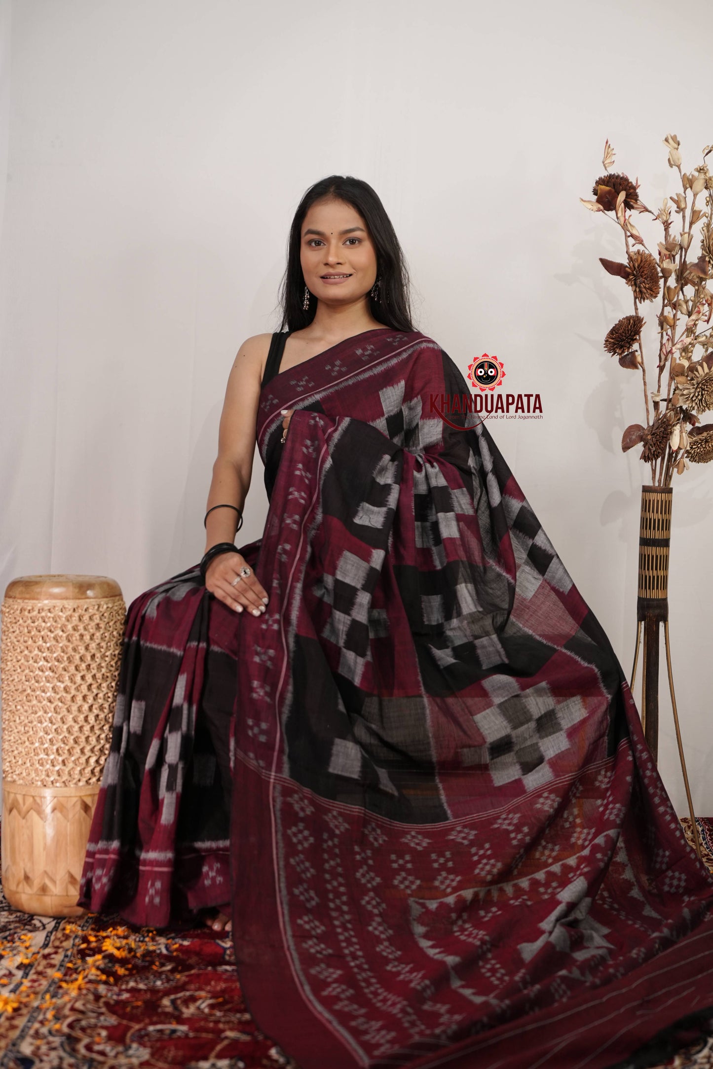 Black & Maroon Plus Design Cotton Saree For Women