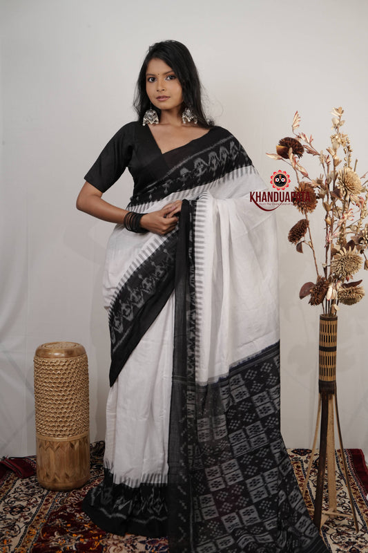White & Black Plain Cotton Saree For Women