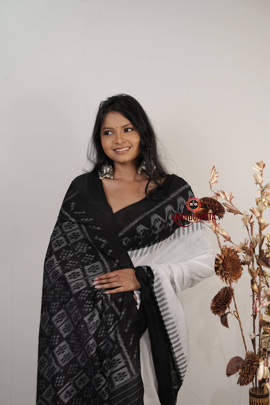 White & Black Plain Cotton Saree For Women