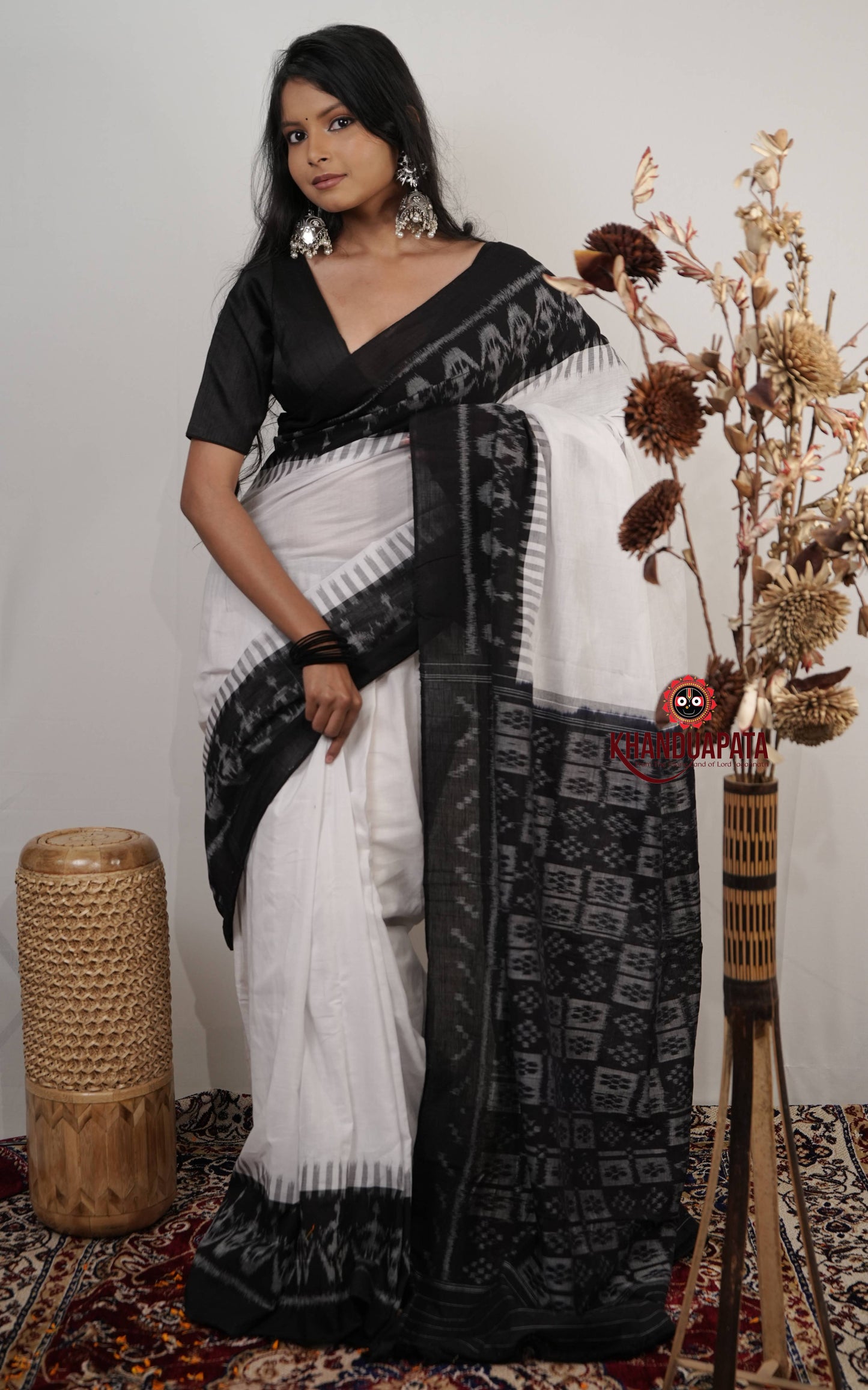 White & Black Plain Cotton Saree For Women