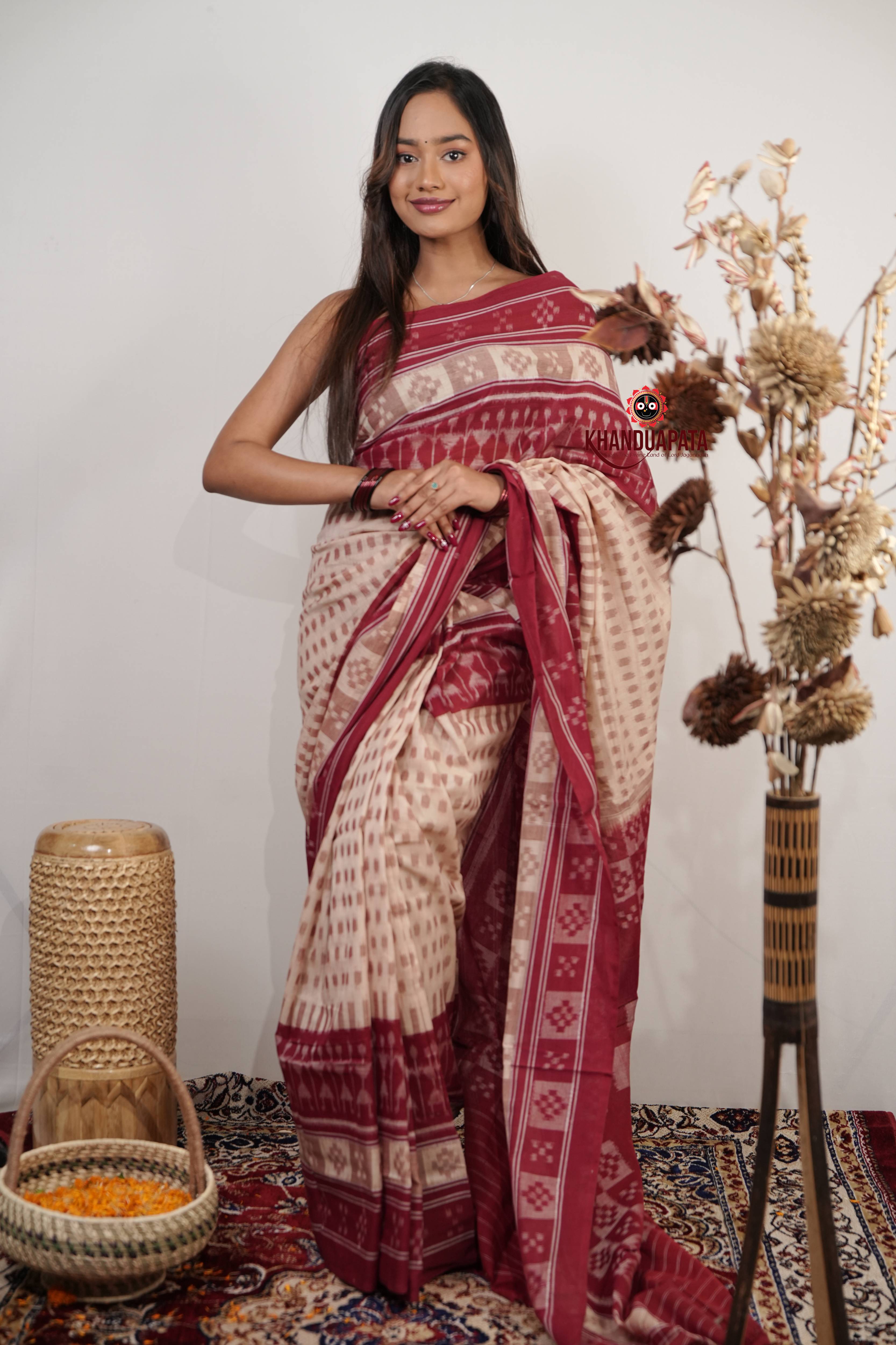 Beige & Red Pasapali Border Cotton Saree For Women