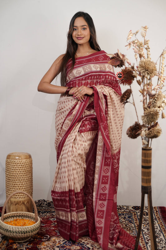 Beige & Red Pasapali Border Cotton Saree For Women
