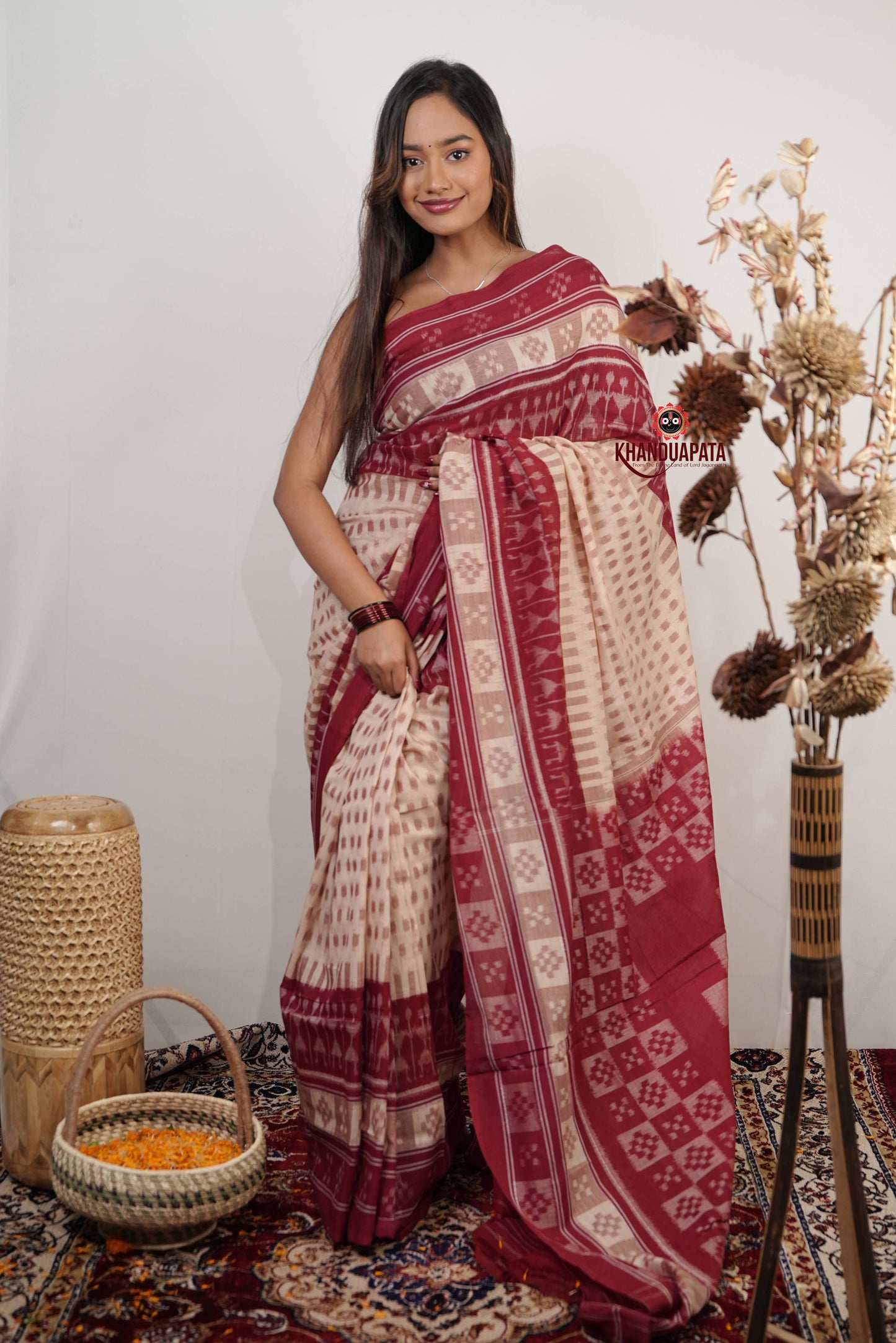 Beige & Red Pasapali Border Cotton Saree For Women