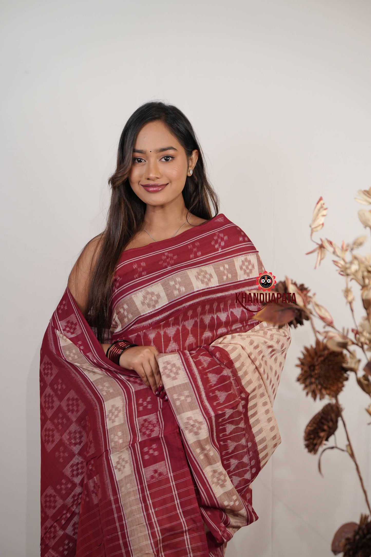 Beige & Red Pasapali Border Cotton Saree For Women