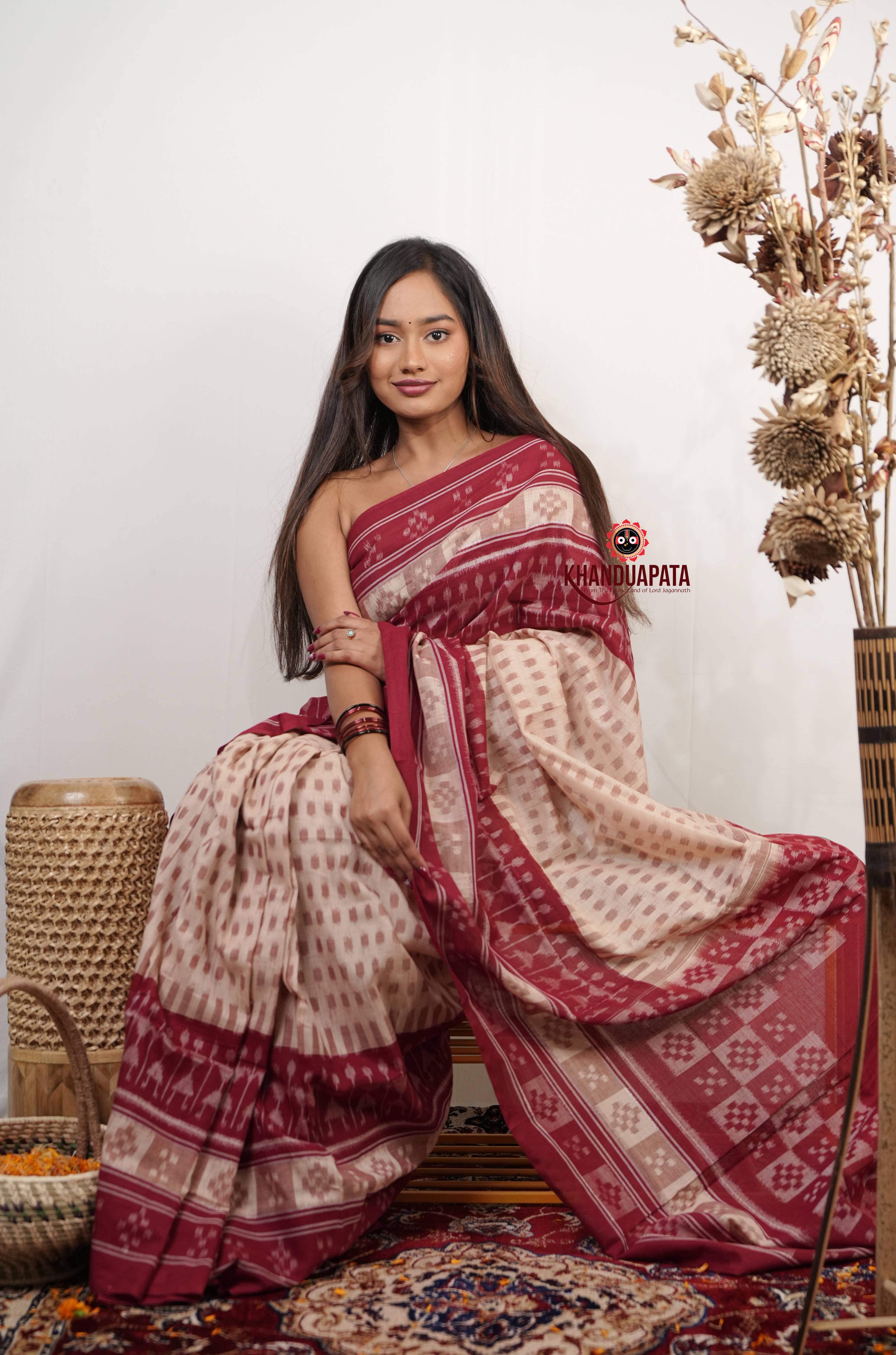 Beige & Red Pasapali Border Cotton Saree For Women
