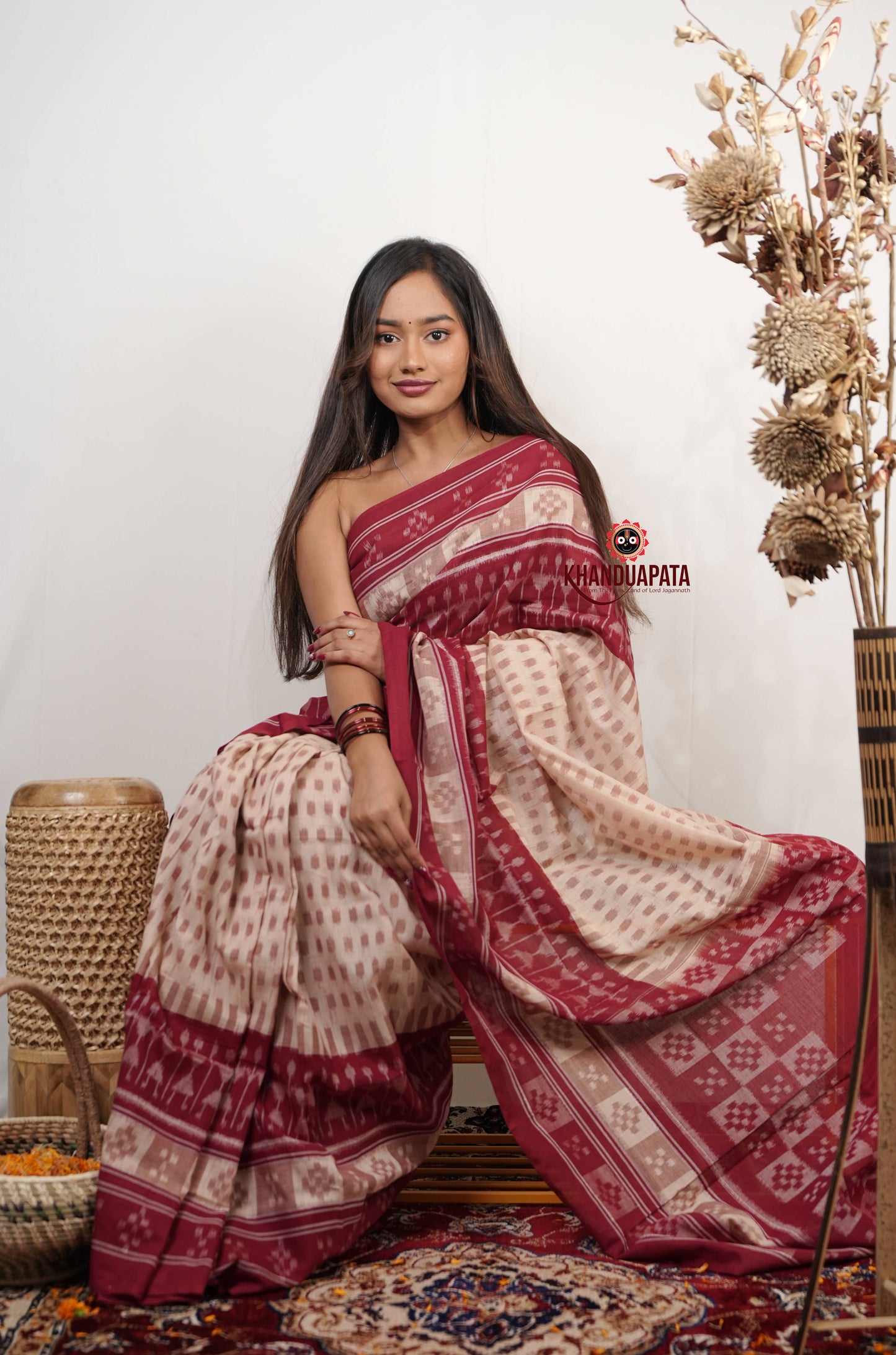 Beige & Red Pasapali Border Cotton Saree For Women