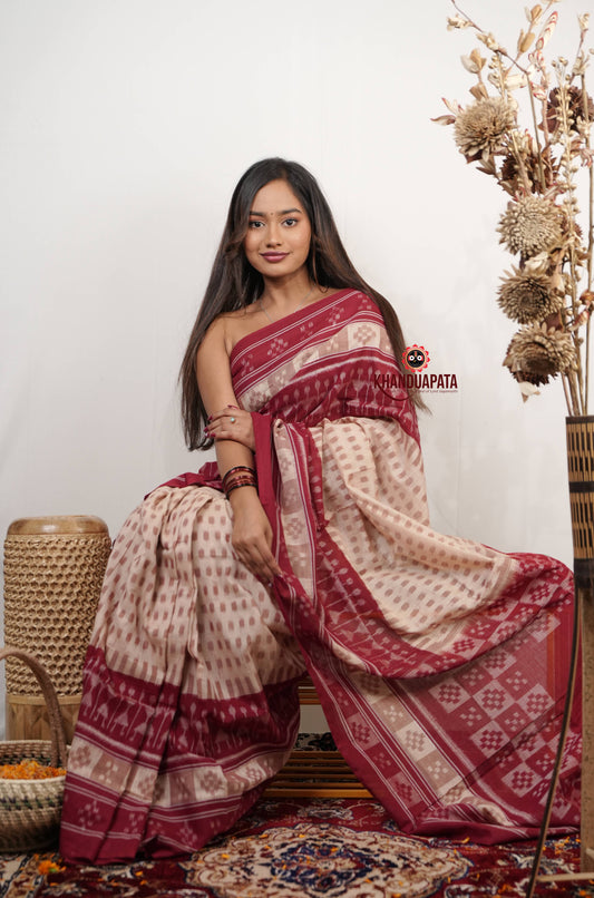 Beige & Red Pasapali Border Cotton Saree For Women