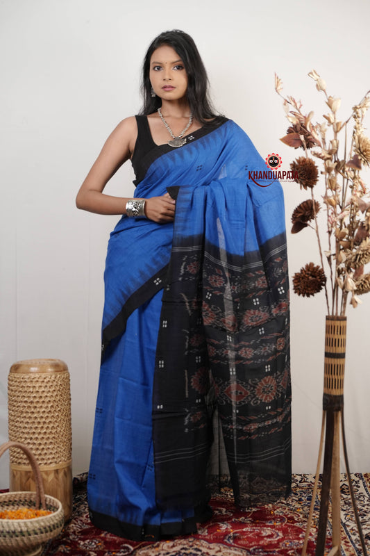 Blue & Black Dot Design Cotton Saree For Women