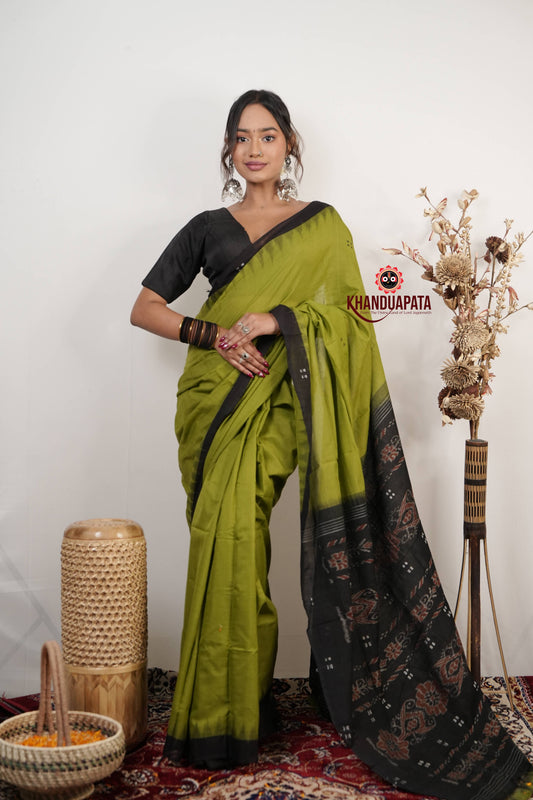 Meadow Green & Black Dot Design Cotton Saree For Women