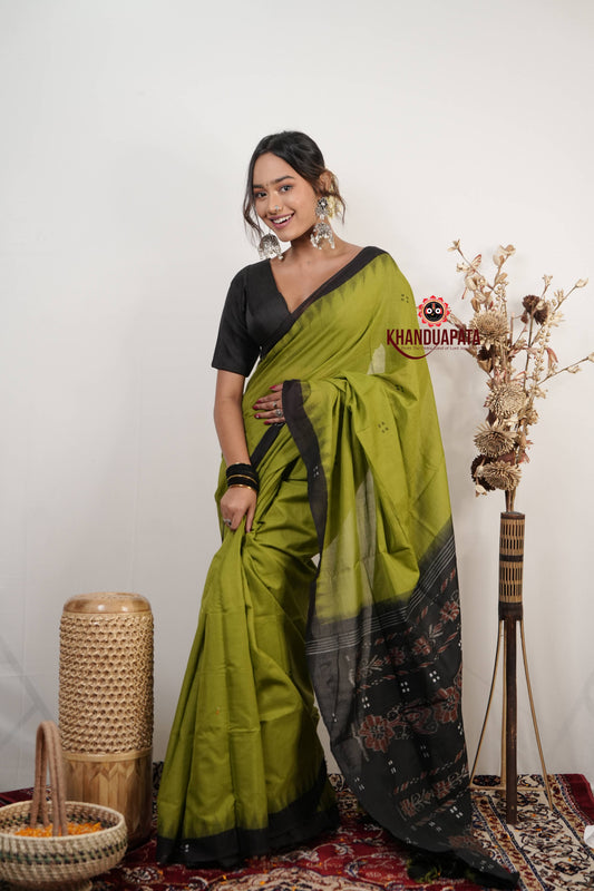 Meadow Green & Black Dot Design Cotton Saree For Women
