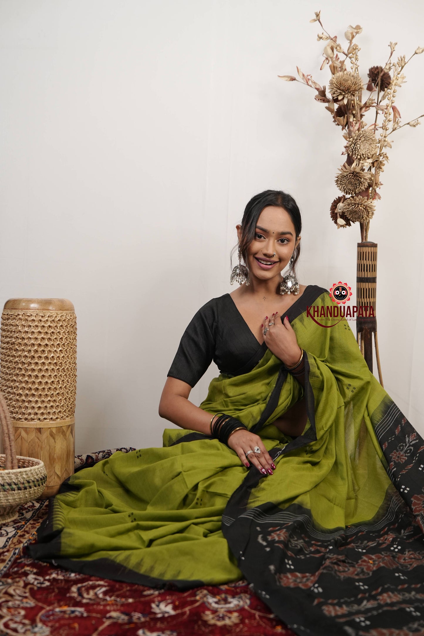 Meadow Green & Black Dot Design Cotton Saree For Women