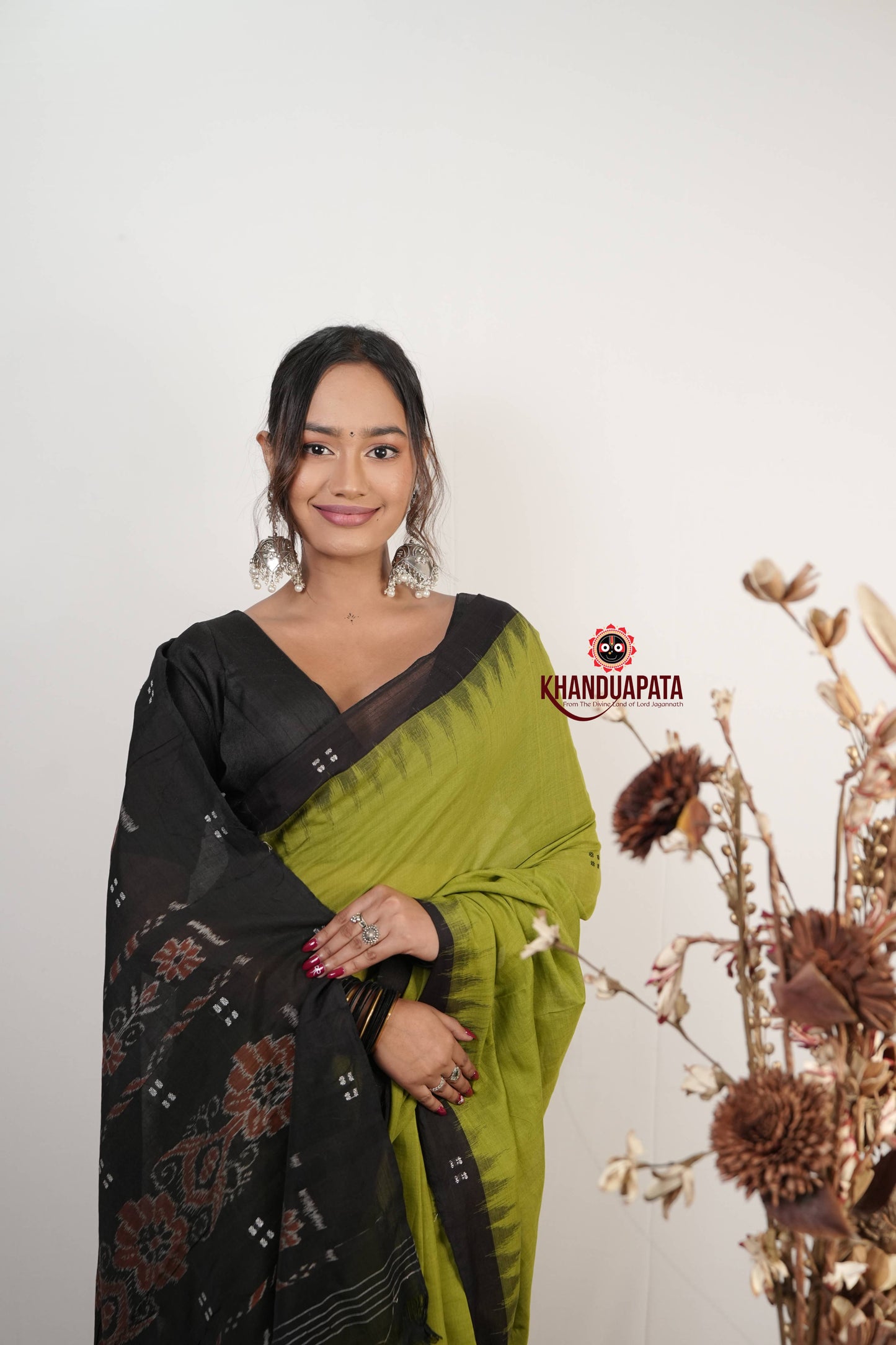 Meadow Green & Black Dot Design Cotton Saree For Women