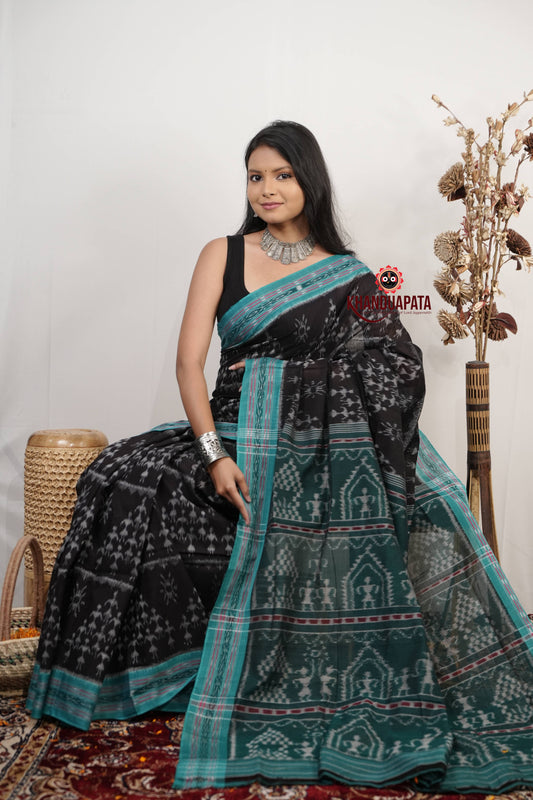 Black & Turquoise Doll Design Cotton Saree For Women