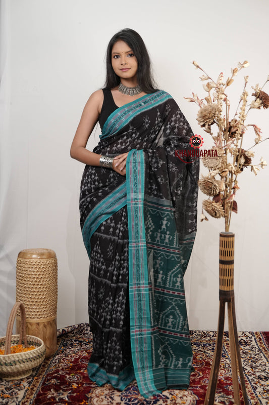 Black & Turquoise Doll Design Cotton Saree For Women
