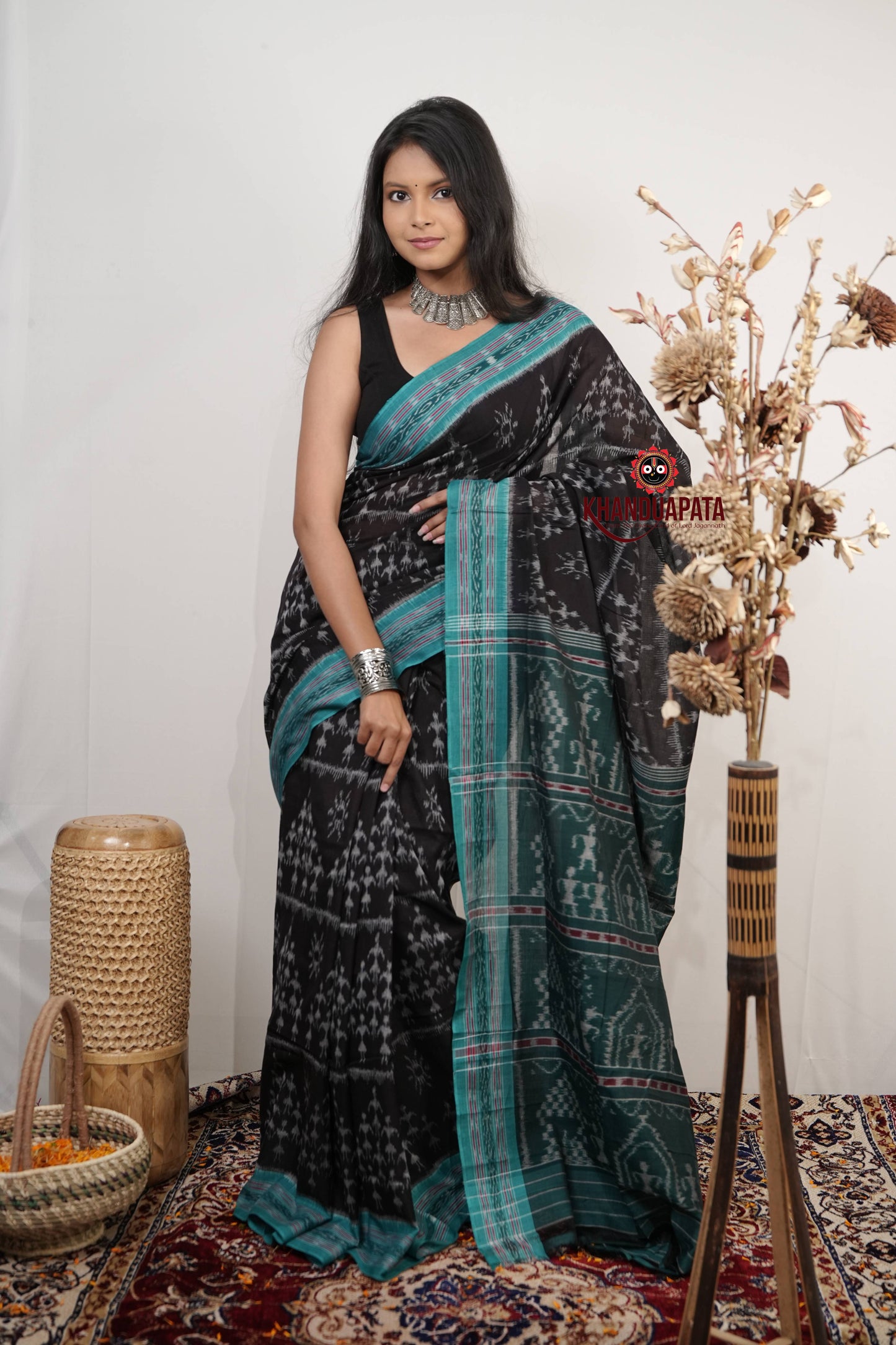 Black & Turquoise Doll Design Cotton Saree For Women