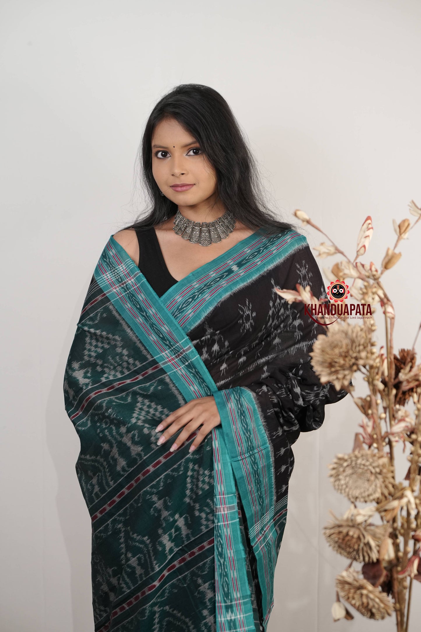 Black & Turquoise Doll Design Cotton Saree For Women
