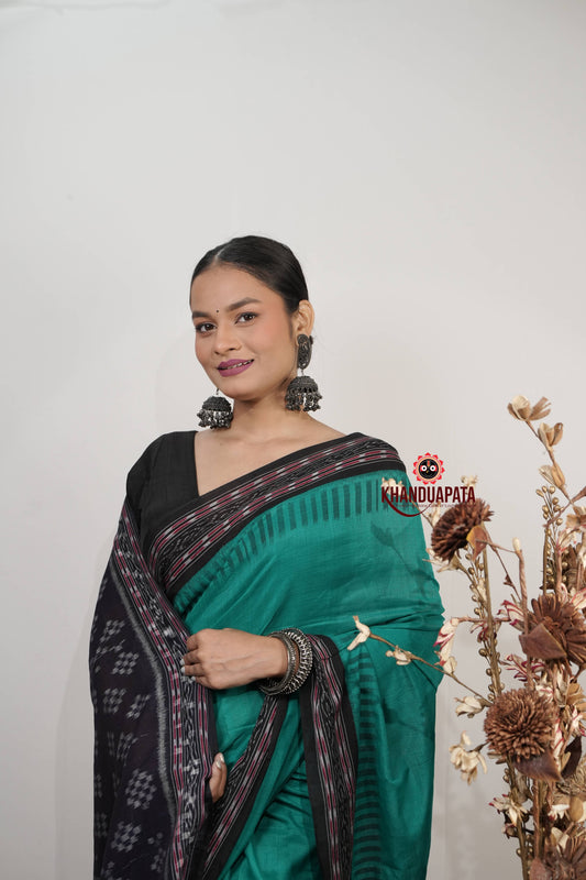 Teal Green & Black Plain Cotton Saree For Women