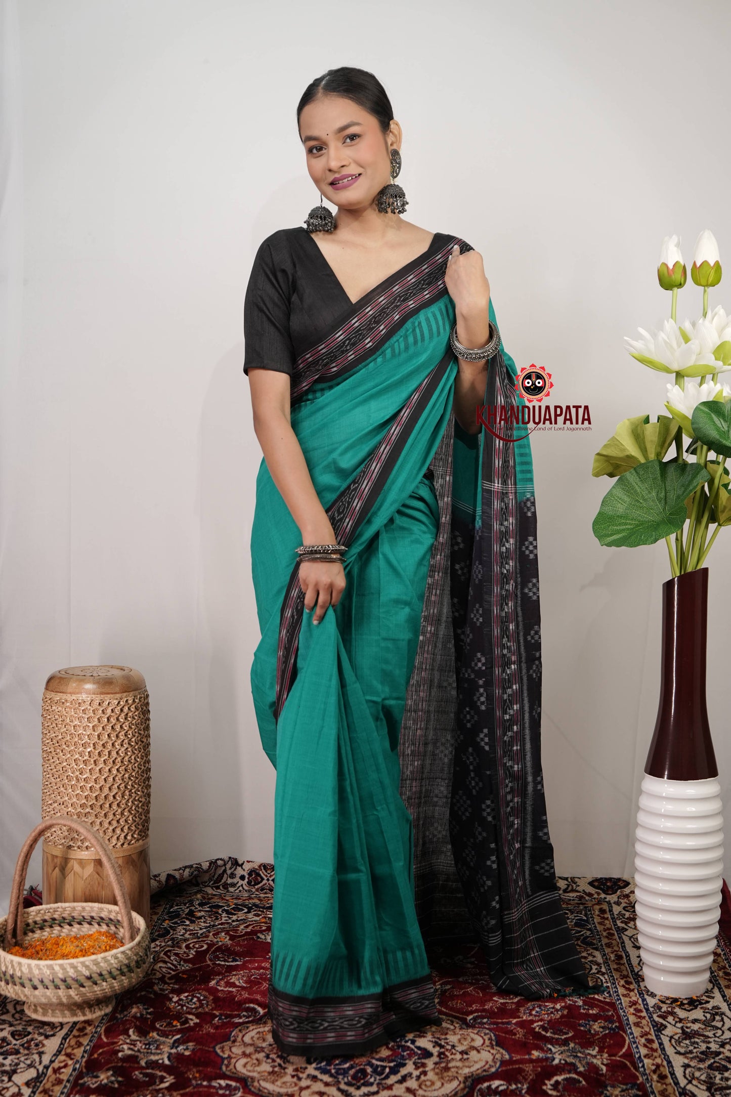 Teal Green & Black Plain Cotton Saree For Women
