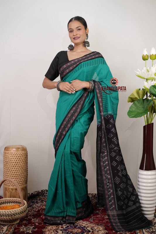 Teal Green & Black Plain Cotton Saree For Women