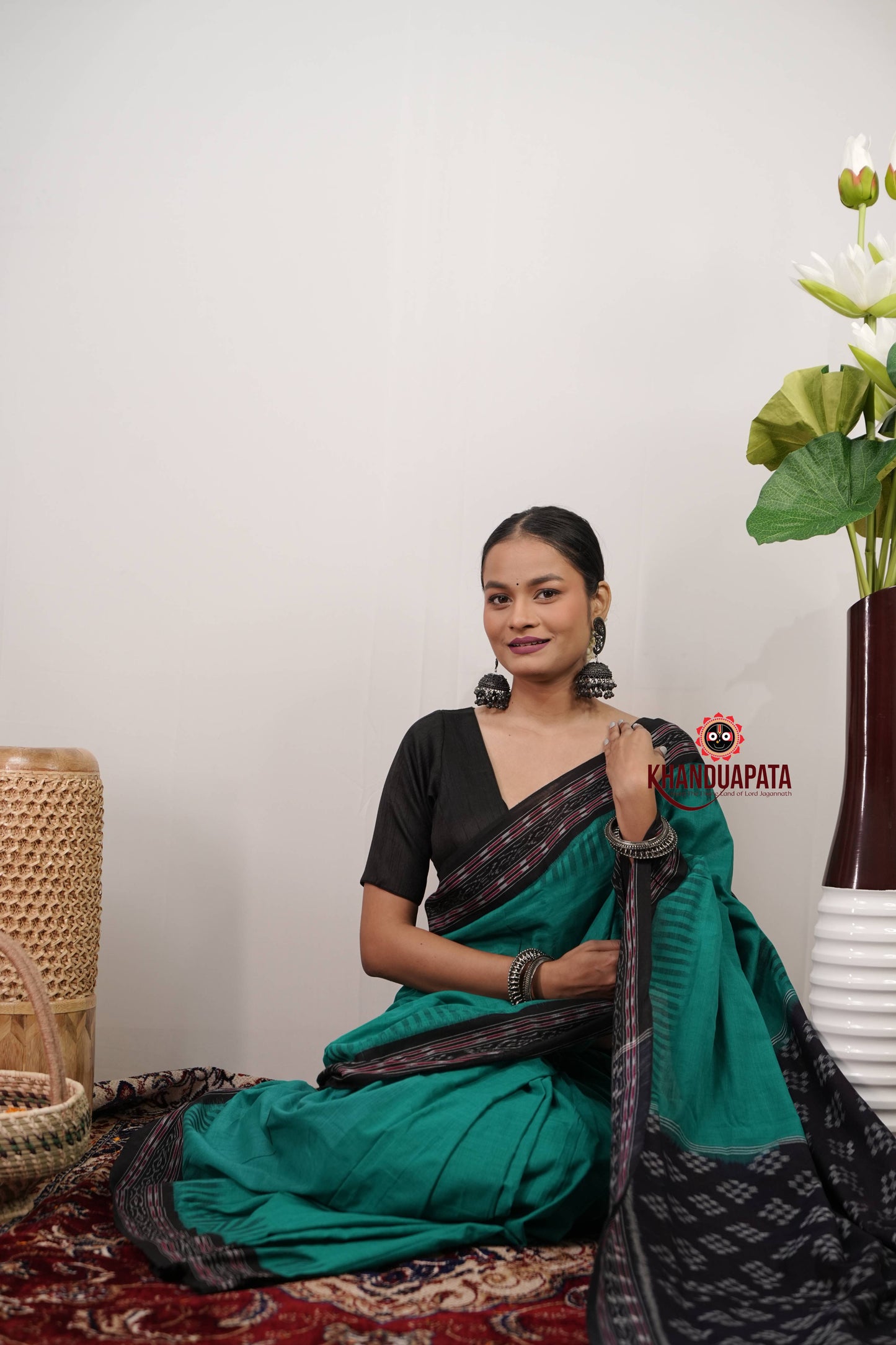 Teal Green & Black Plain Cotton Saree For Women
