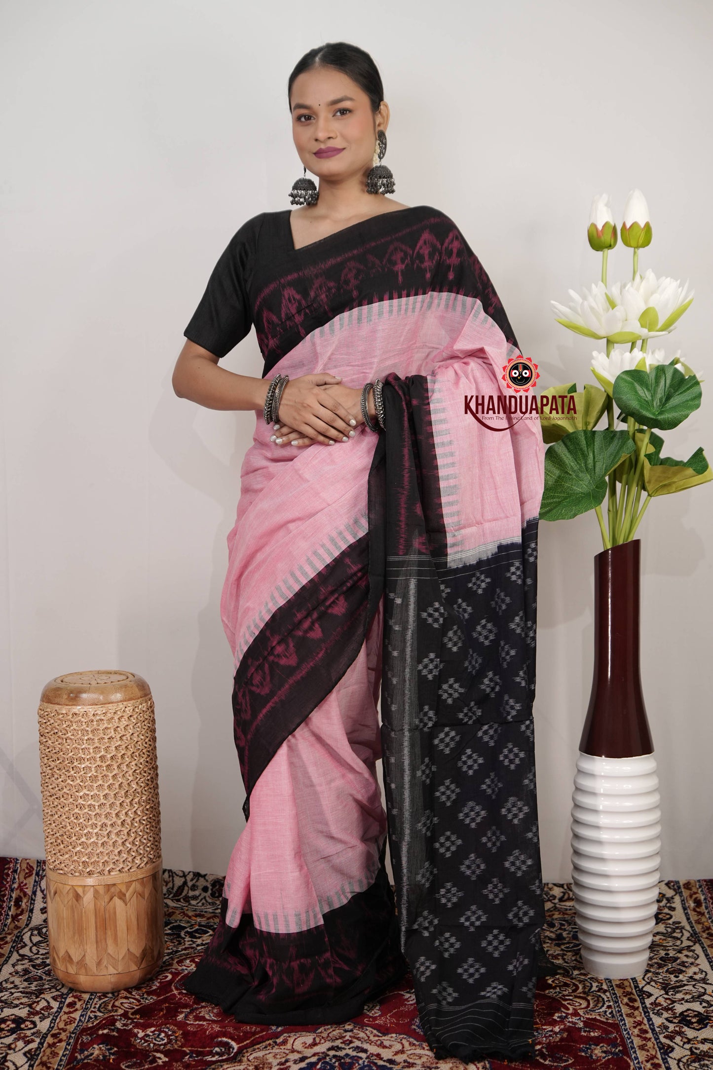 Baby Pink & Black Plain Cotton Saree For Women