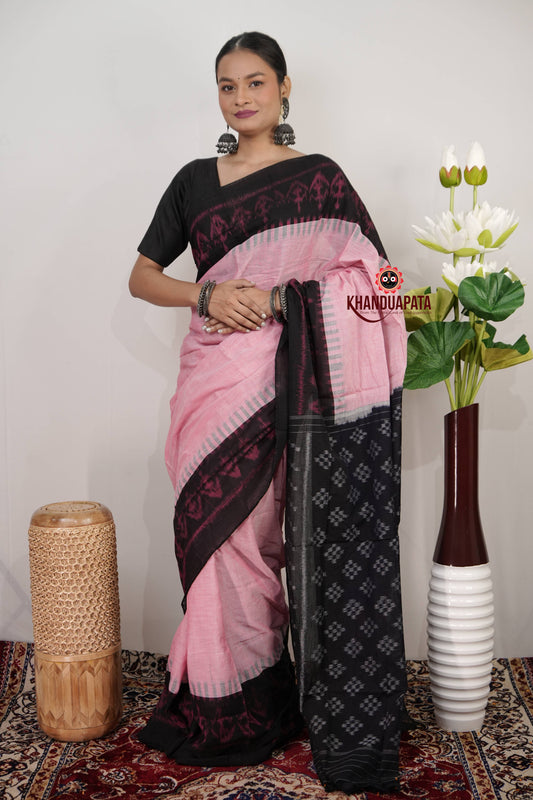 Baby Pink & Black Plain Cotton Saree For Women
