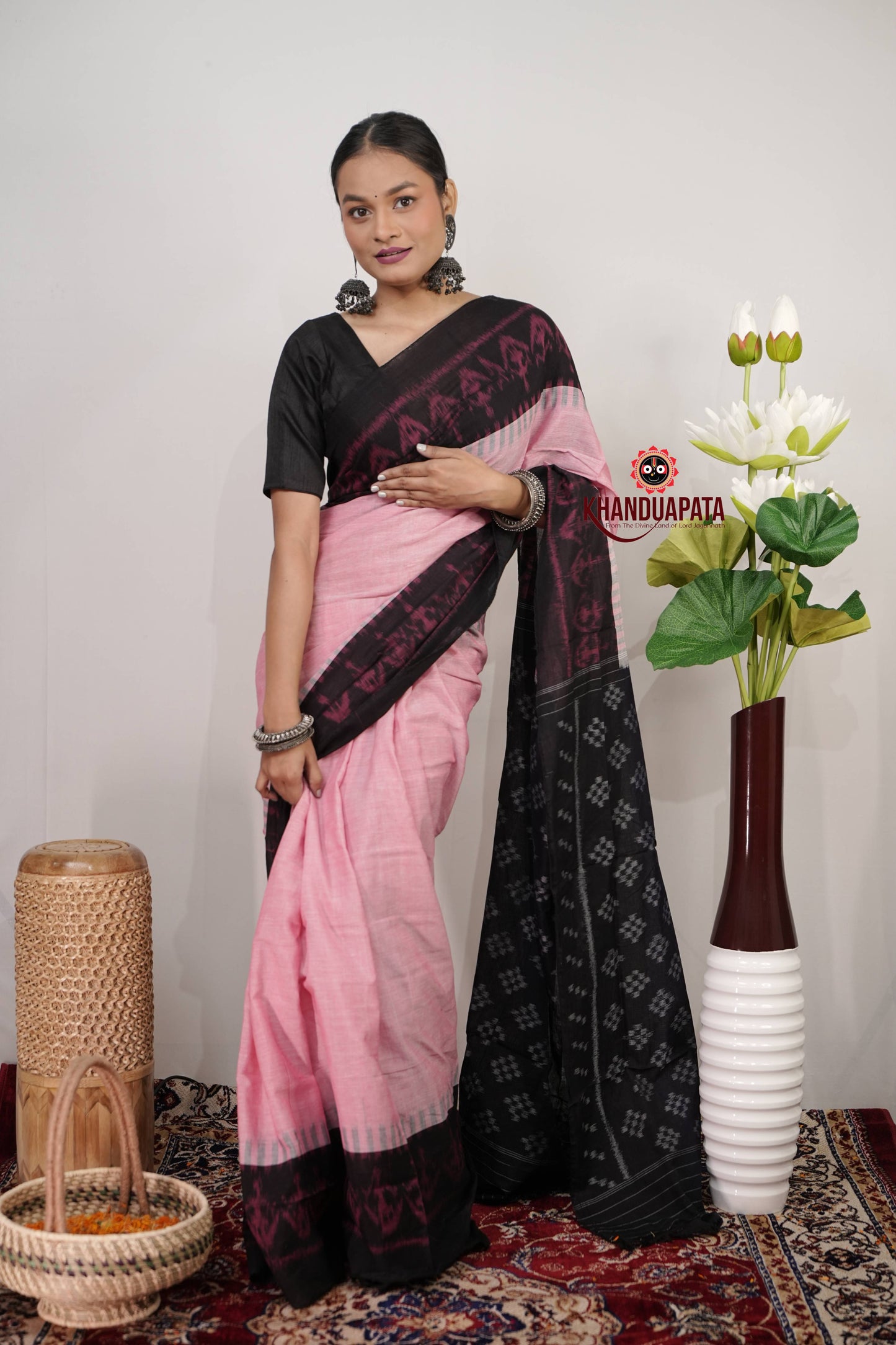 Baby Pink & Black Plain Cotton Saree For Women