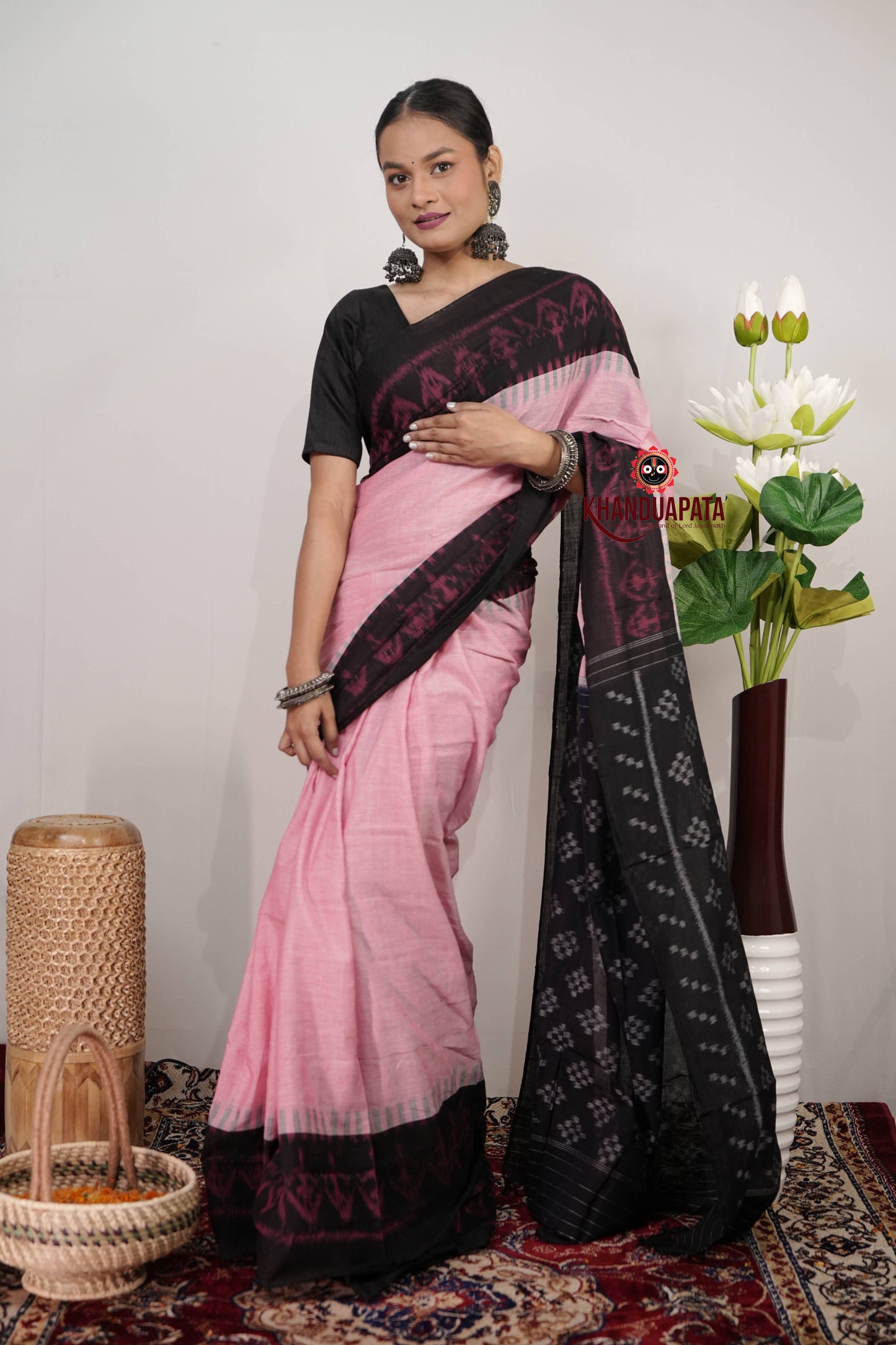 Baby Pink & Black Plain Cotton Saree For Women