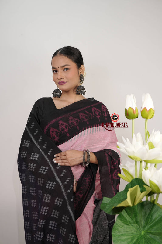Baby Pink & Black Plain Cotton Saree For Women