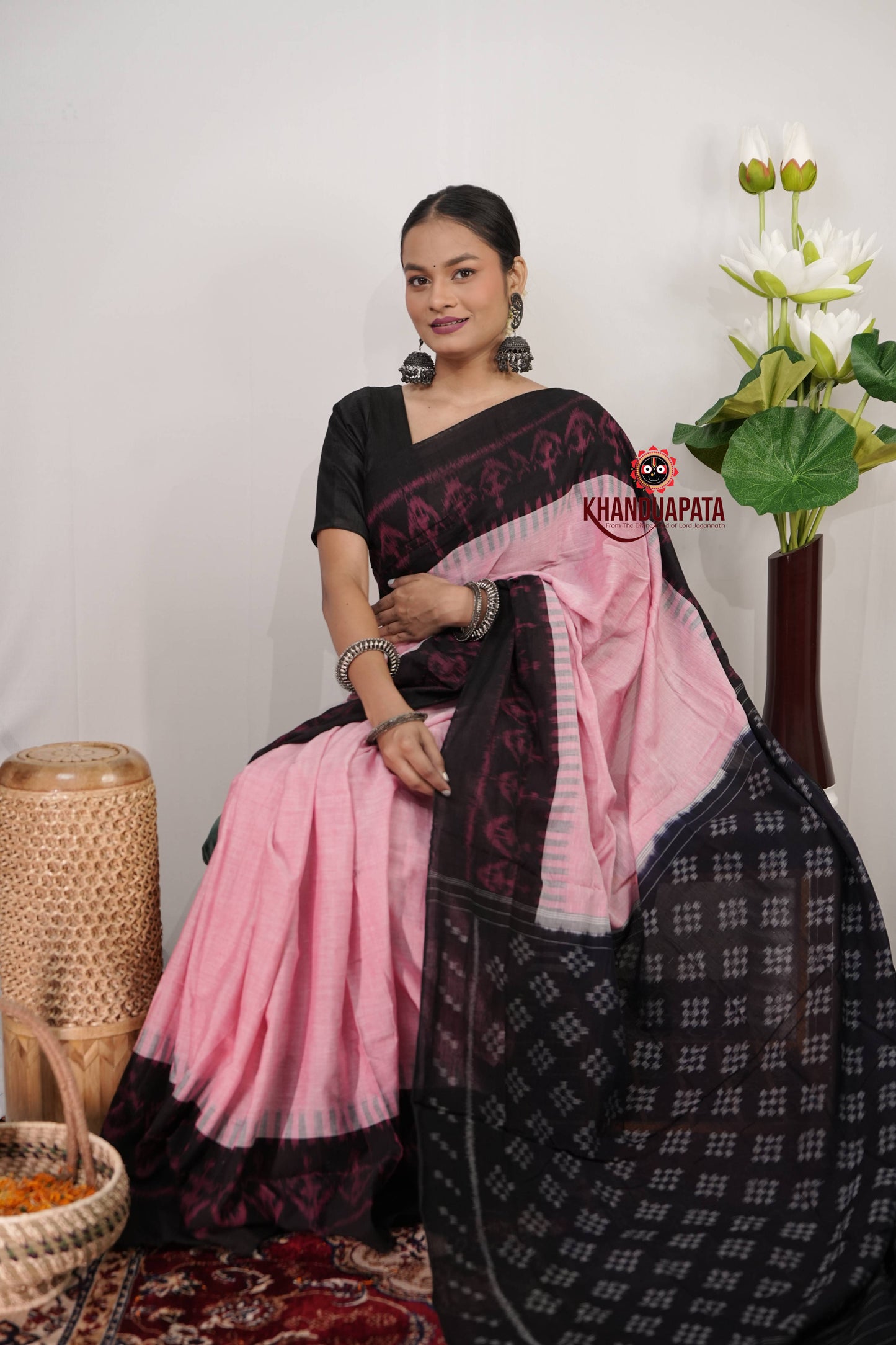 Baby Pink & Black Plain Cotton Saree For Women