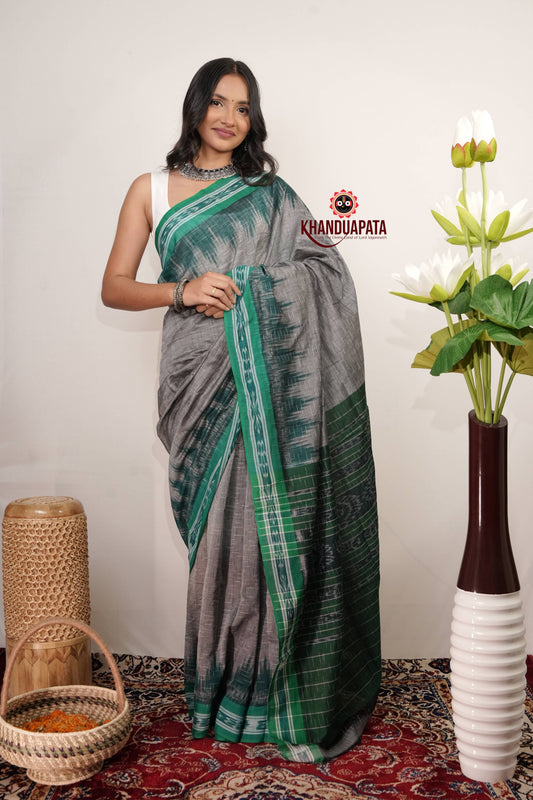 Green & Grey Minimal Design Cotton Saree For Women