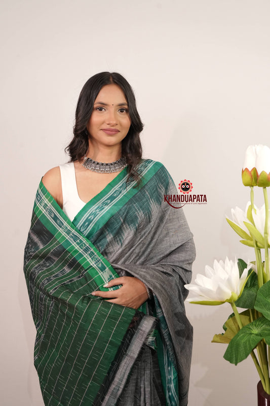 Green & Grey Minimal Design Cotton Saree For Women