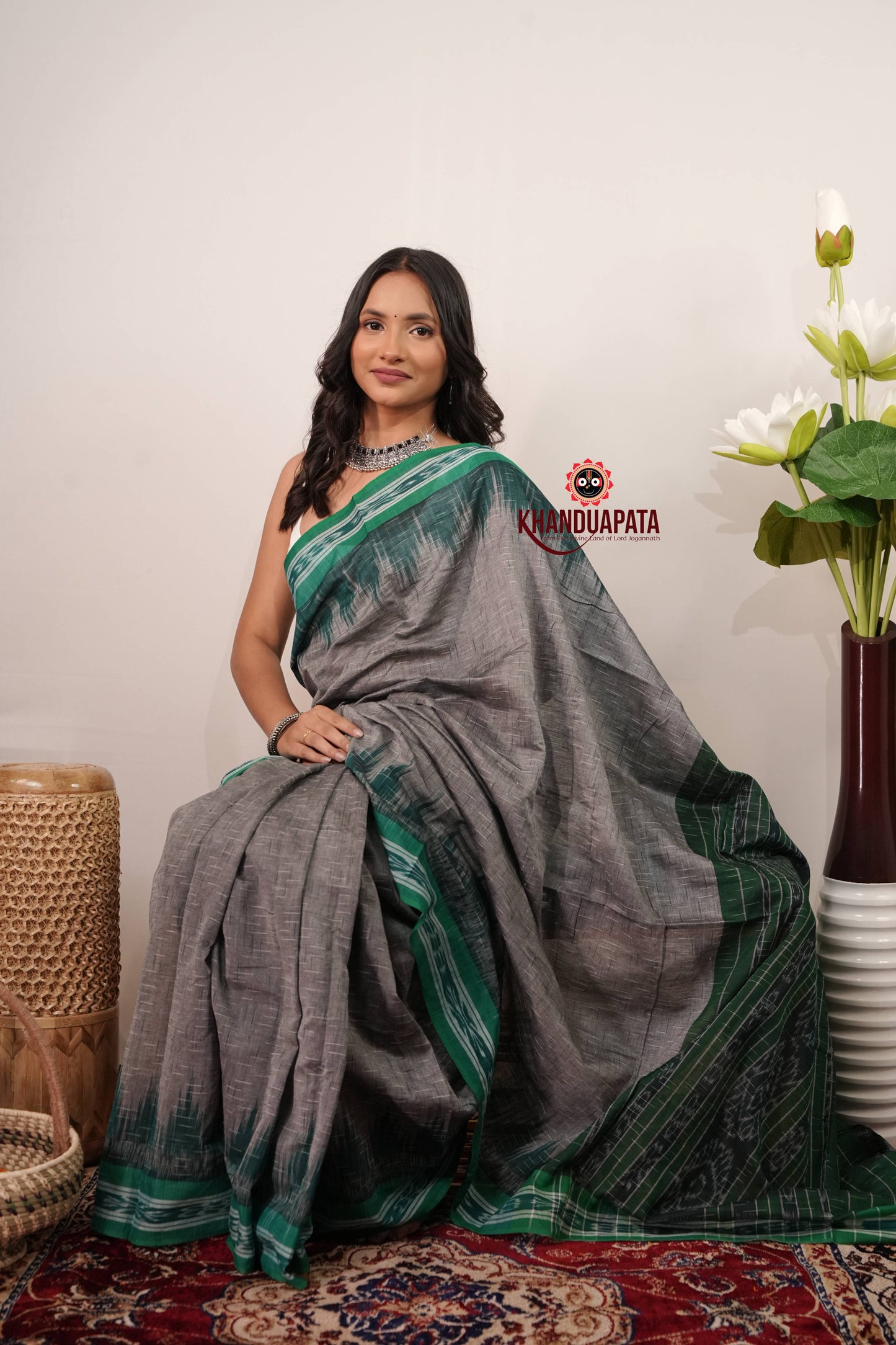 Green & Grey Minimal Design Cotton Saree For Women