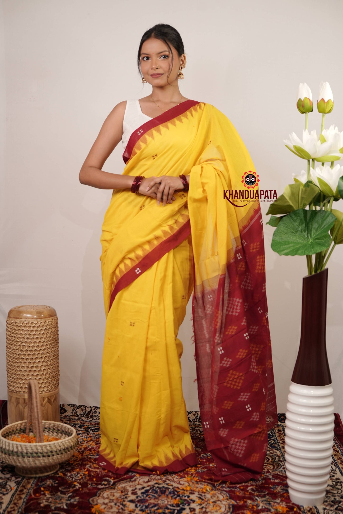 Yellow & Red Dot Design Cotton Saree For Women