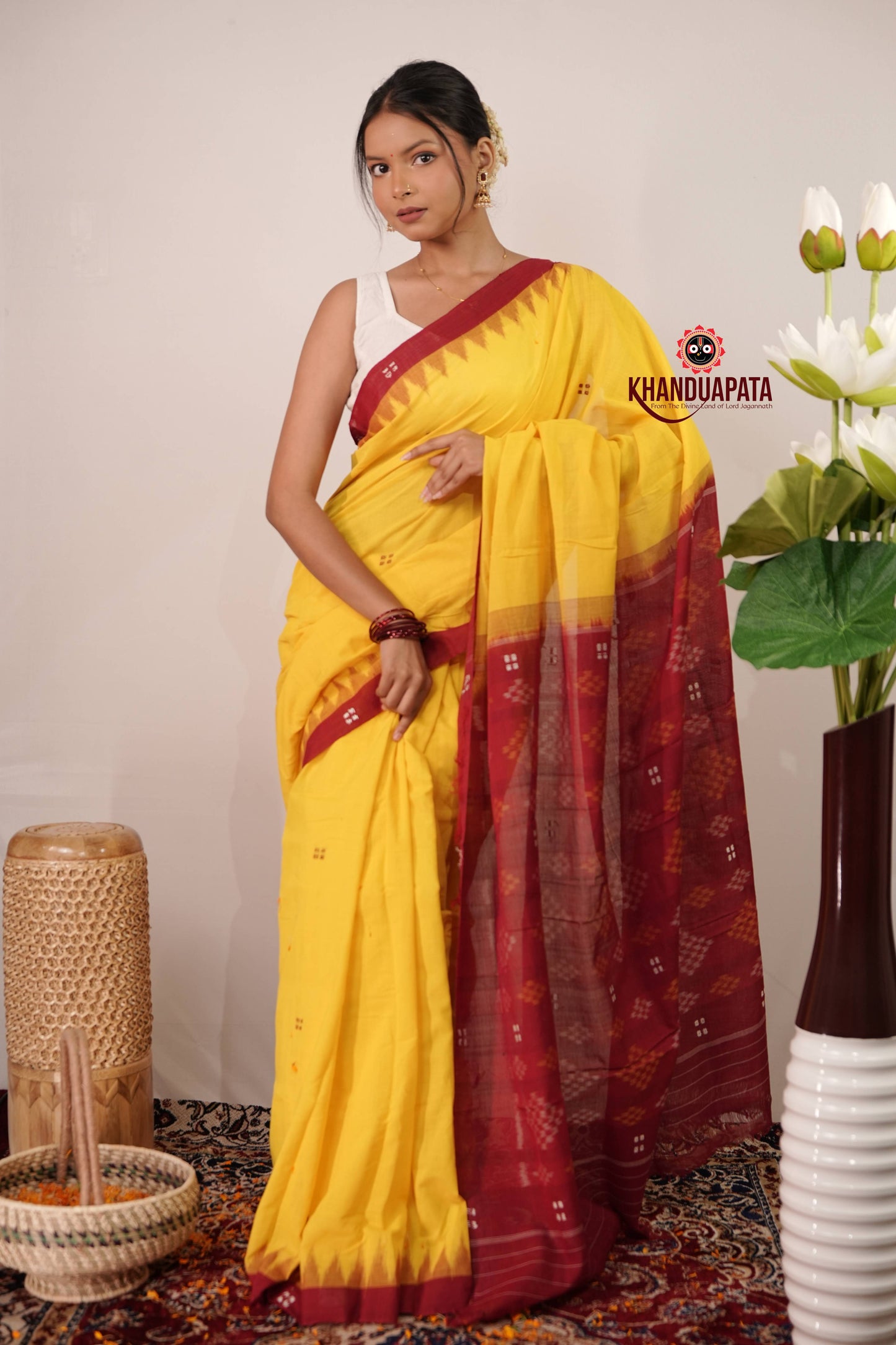 Yellow & Red Dot Design Cotton Saree For Women