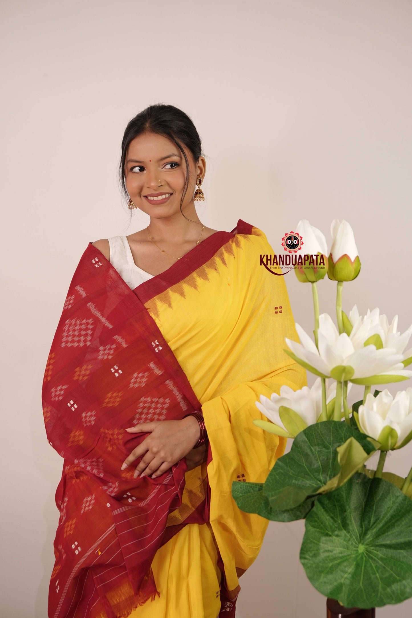 Yellow & Red Dot Design Cotton Saree For Women