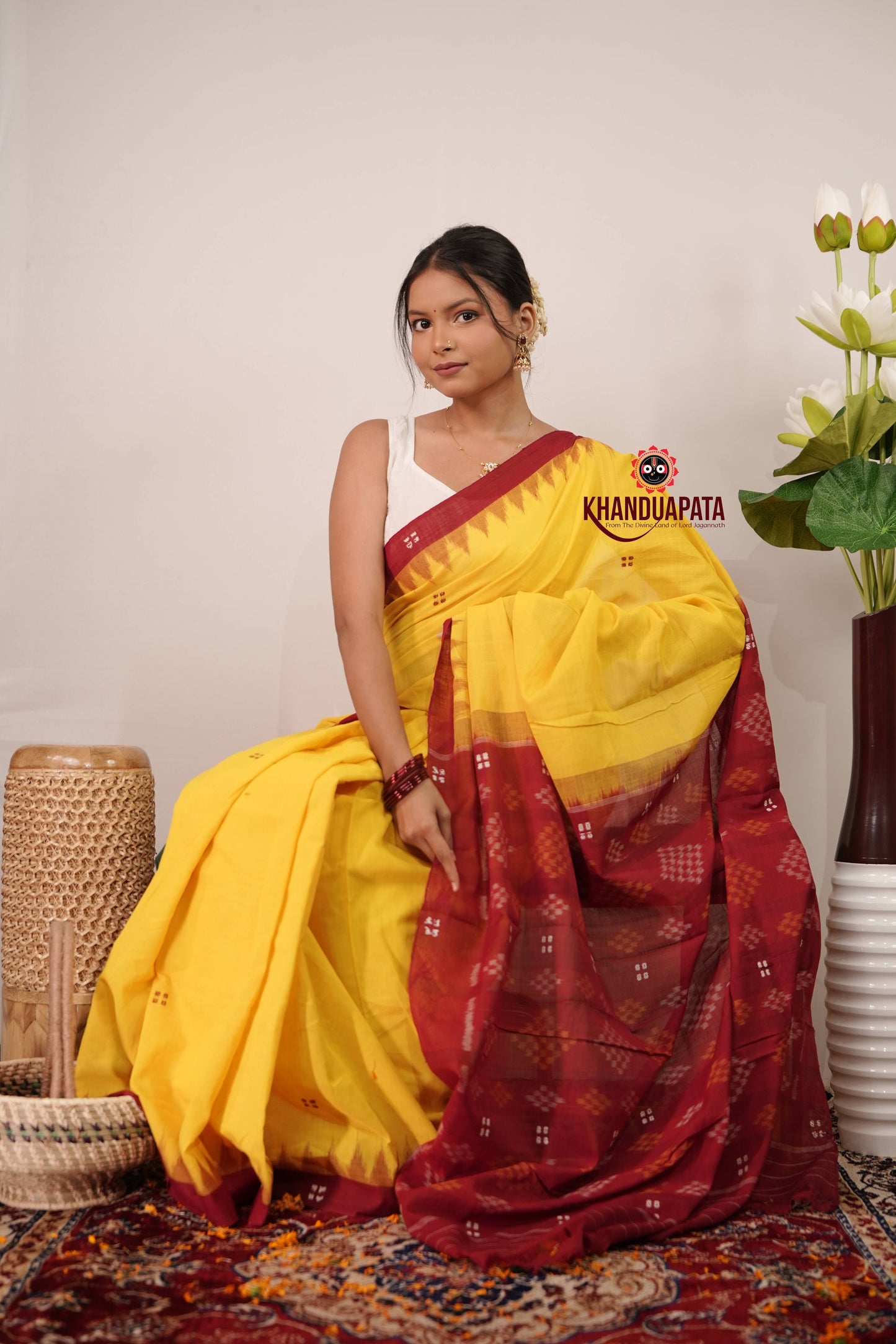 Yellow & Red Dot Design Cotton Saree For Women